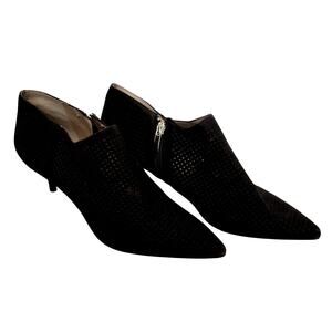 Franco Sarto Black Eyelet Pointed Toe Ankle Side Zip Suede Kitten Heel Size 8.5